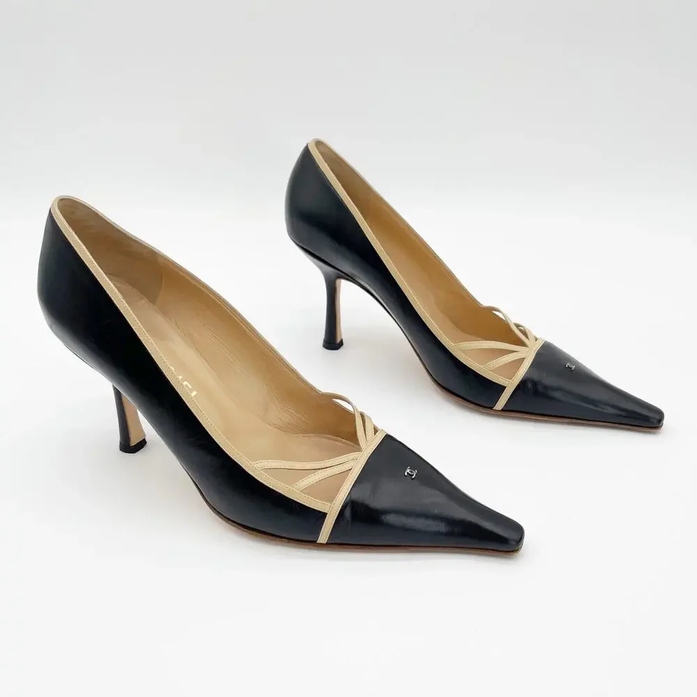 Chanel Vintage Black Leather Pumps Beige Crisscross Straps Micro CC Heels EU 40